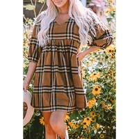 Brown Plaid Pattern Empire Waist Babydoll Dress - M thumbnail