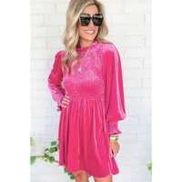 Rose Frilled Neck Smocked Bodice Velvet Dress - L thumbnail