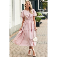 Pink Puff Sleeve Pleated High Waist Flowy Long Dress - M thumbnail