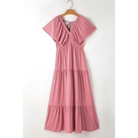 Rose Pink Textured V Neck Flutter Sleeve Ruffled Maxi Dress - 2XL thumbnail