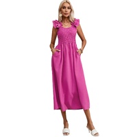 Rose Red Solid Color Ruffled Straps Smocked Ruched Maxi Dress - L thumbnail