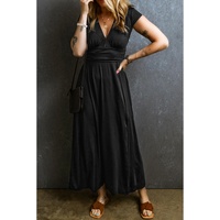 Black Short Sleeve Shirred High Waist V Neck Maxi Dress - L thumbnail