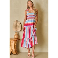 Red Stripe Ruffled Straps Smocked Tiered Long Dress - S thumbnail