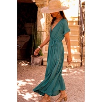 Blackish Green Solid Color V Neck Wrap Pleated Short Sleeve Maxi Dress - L thumbnail