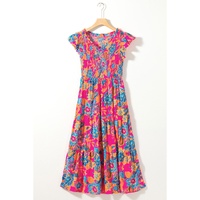 Rose Red Boho Floral V Neck Ruffle Tiered Long Dress - M thumbnail