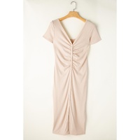 Beige V Neck Ruched Button Front French T-shirt Dress - L thumbnail