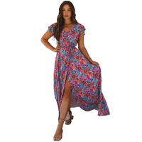 Blue Floral Print V Neck Wrap Split Maxi Dress - S thumbnail