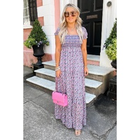 Purple Floral Short Bubble Sleeve Shirred High Waist Maxi Dress - XL thumbnail