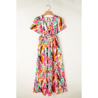 Pink Boho Tie-dye Print V Neck Maxi Dress - M thumbnail