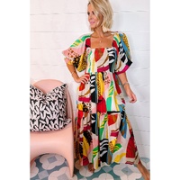 White Square Neck Smocked Abstract Print Boho Maxi Dress - M thumbnail