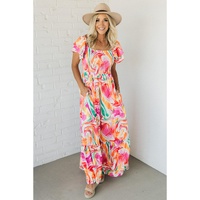 Pink Abstract Print Ruffled Sleeve Smocked Bust Maxi Dress - S thumbnail