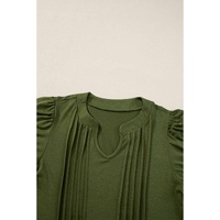 Fern Green Notched Neck Pleated Puff Sleeve Shift T-shirt Dress - M thumbnail