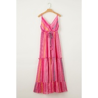 Pink Western Printed Tassel Tie V Neck Wrap Maxi Dress - L thumbnail
