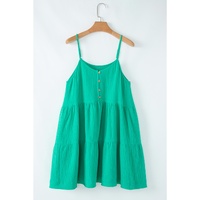 Sea Green Textured Buttoned Thin Strap Tiered Loose Fit Mini Dress - L thumbnail