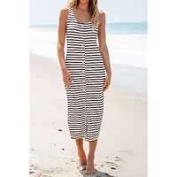 White Striped Print Sleeveless Buttoned Maxi Dress - M thumbnail