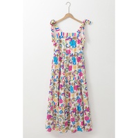 Rose Red Striped Trim Self-tie Straps Floral Maxi Dress - M thumbnail