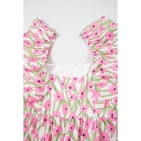 Pink Floral Print Square Neck Ruffled Strap Maxi Dress - 2XL thumbnail