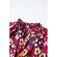 Rose Red Floral Print Tiered Ruffled Half Sleeve V Neck Dress - S thumbnail