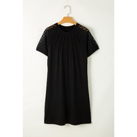 Black Contrast Lace Raglan Sleeve Pleated Detail Shift Dress - XL thumbnail