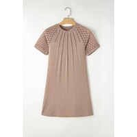 Light French Beige Contrast Lace Raglan Sleeve Pleated Detail Shift Dress - L thumbnail