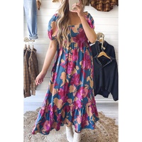 Dark Blue Square Neck Bubble Sleeve Ruffled Floral Dress - S thumbnail