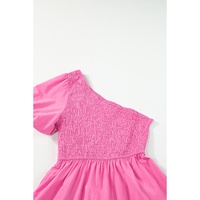 Strawberry Pink Asymmetric Puff Sleeve Smocked Bodice Tiered Midi Dress - XL thumbnail