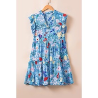 Sky Blue Floral Flutter Sleeve V Neck Ruffled Dress - L thumbnail