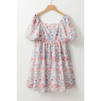 Pink Floral Puff Sleeve Square Neck Smock Ruffled Dress - L thumbnail