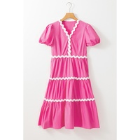 Bonbon Ric Rac Trim Short Puff Sleeve Flowy Midi Dress - L thumbnail
