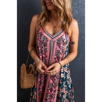 Pink Bohemian Floral Patchwork Print Long Sundress - S thumbnail