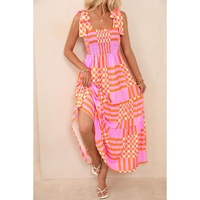 Pink Boho Gingham Tied Straps Smocked Maxi Dress - XL thumbnail