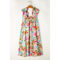White Floral Print Ruffled Sleeveless Midi Dress - L thumbnail