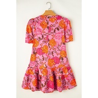 Pink Floral Bubble Sleeve V Neck Ruffled Mini Dress - L thumbnail