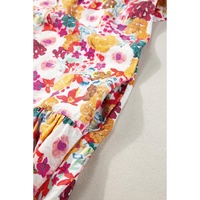Purple Floral Print Split Neck Flutter Sleeve Dress - S thumbnail