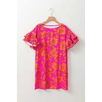 Pink Voluminous Ruffled Sleeve Floral Dress - L thumbnail