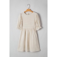 White Textured Ruffled Puff Sleeve Loose Dress - S thumbnail