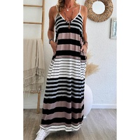 Multicolour Mixed Stripes Spaghetti Straps V Neck Maxi Dress - L thumbnail