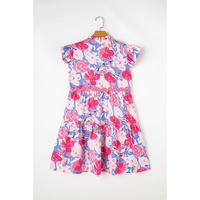 Pink Floral Printed V Notched Ric Rac Flutter Sleeve Dress - L thumbnail