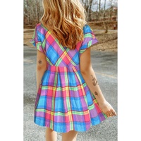 Light Blue Multicolor Plaid Short Sleeve Babydoll Mini Dress - XL thumbnail