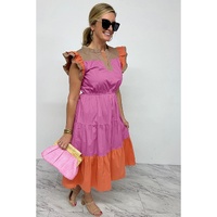Bonbon Color Block Tiered Notched Neck Ruffle Sleeve Dress - L thumbnail
