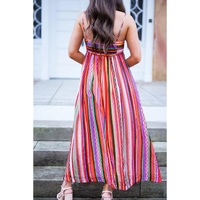Multicolour Striped Thin Straps Smocked Back Boho Maxi Dress - L thumbnail