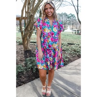 Green Rose Floral Print Ruffled Short Dress - M thumbnail
