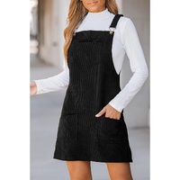 Black Solid Front Pockets Sleeveless Corduroy Overall Dress - M thumbnail