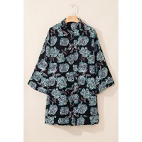 Black Floral Print Lapel Collar Loose Shirt Mini Dress - M thumbnail