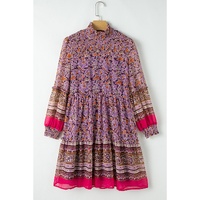 Purple Floral Smocked Puff Sleeve High Neck Mini Dress - S thumbnail