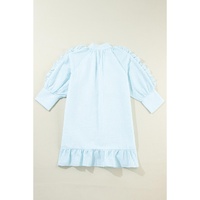 Myosotis Seersucker Ruffled Puff Sleeve Stand Neck Mini Dress - L thumbnail