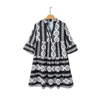Black Geometric Print V Neck Ruffled Dress - M thumbnail
