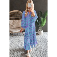 Sky Blue Abstract Print Puff Sleeve Tied Notched Neck Long Dress - M thumbnail