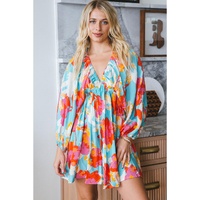 Sky Blue Floral Bracelet Sleeve Empire Waist Mini Dress - L thumbnail