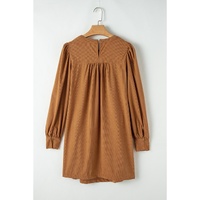 Desert Gold Corduroy Pleated Puff Sleeve Shift Short Dress - L thumbnail